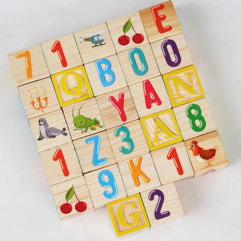 Wooden Printed Block Toy English Letter Digital Cartoon Cognition