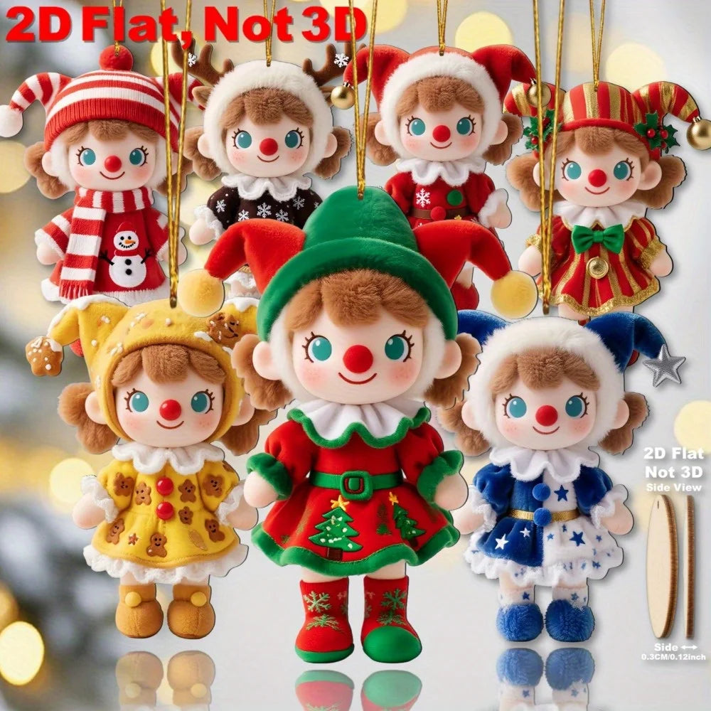 12pcs Colorful Christmas Plush Doll Decorations -2D Printed Wooden Pendants Courtyard and Christmas Birthday Party Decorations
