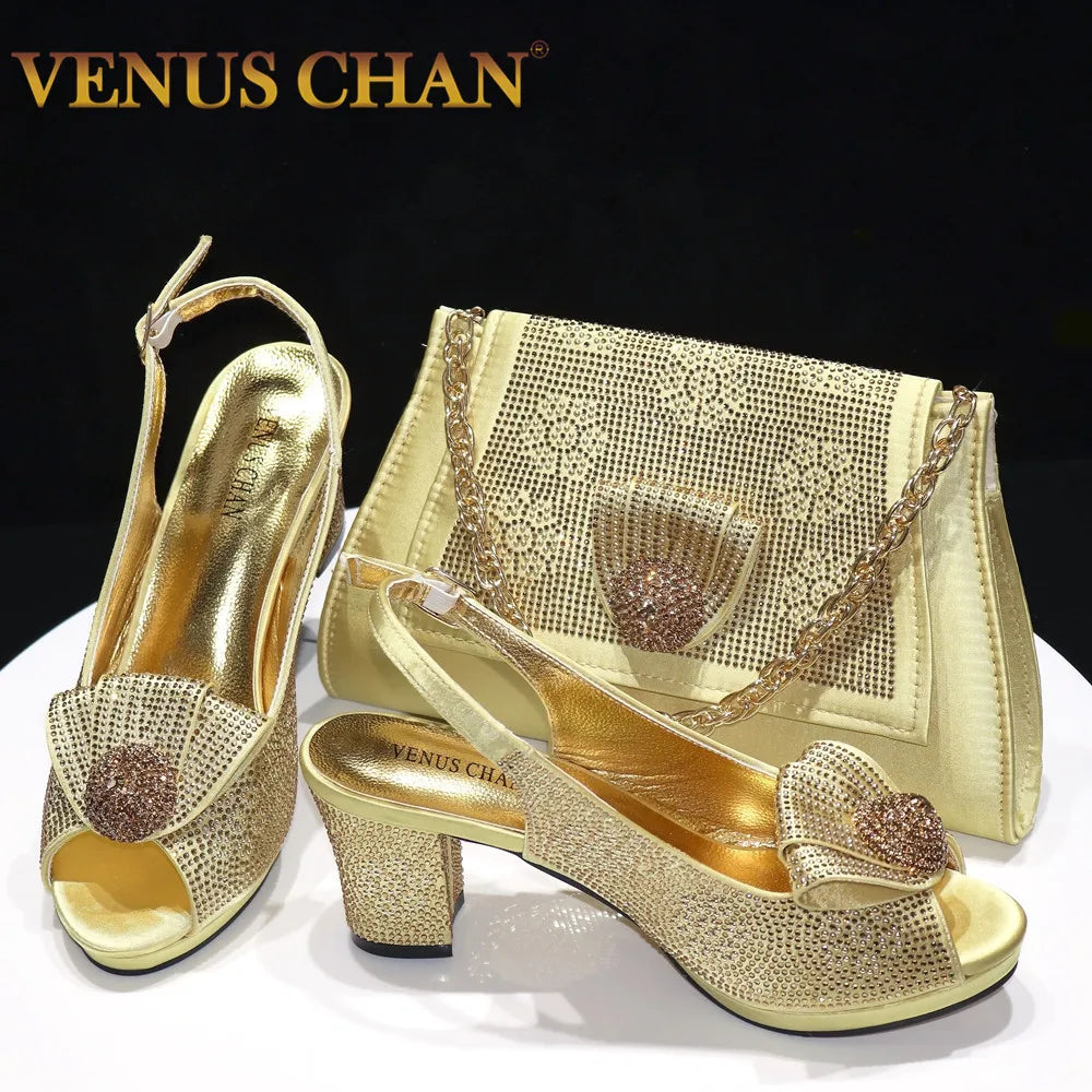Golden Wedding Shoes and Bag Set, Diamond Decor