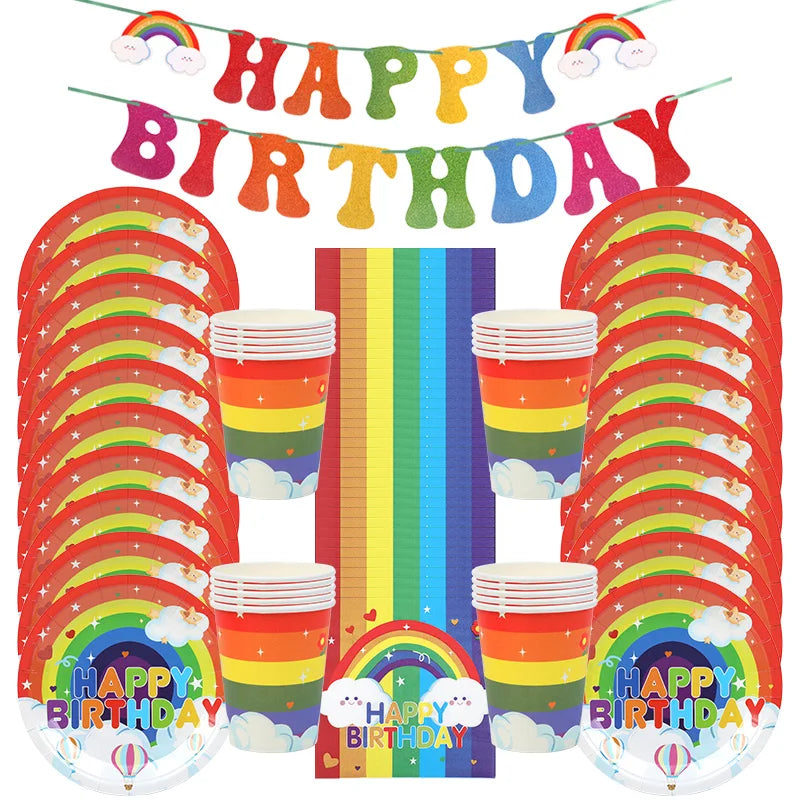 Rainbow Party Tableware Set Paper Plates Cups Napkins Tablecloth Banner Kids Boy Girl Happy Birthday Party Decoration Supplies