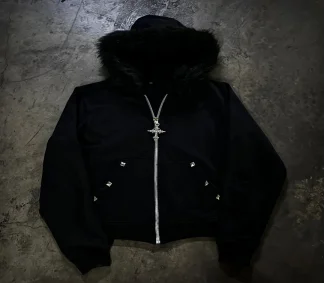 Y2K zipped hoodie aesthetic hip-hop streetwear fashion loose zipper plush jacket solid color top punk rock gothic sweatshirt
