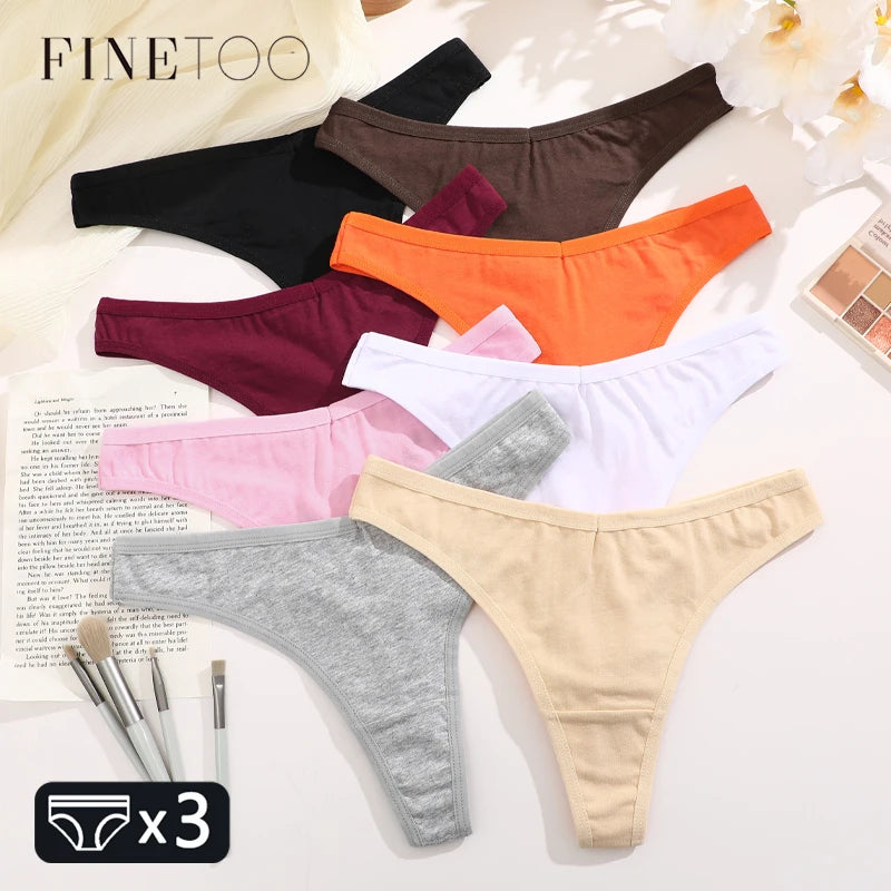 FINETOO 3Pcs Cotton Solid Thongs Women's Panties Sexy Low Waist Comfortable Underwear Female Breathable G-string Soft Lingerie