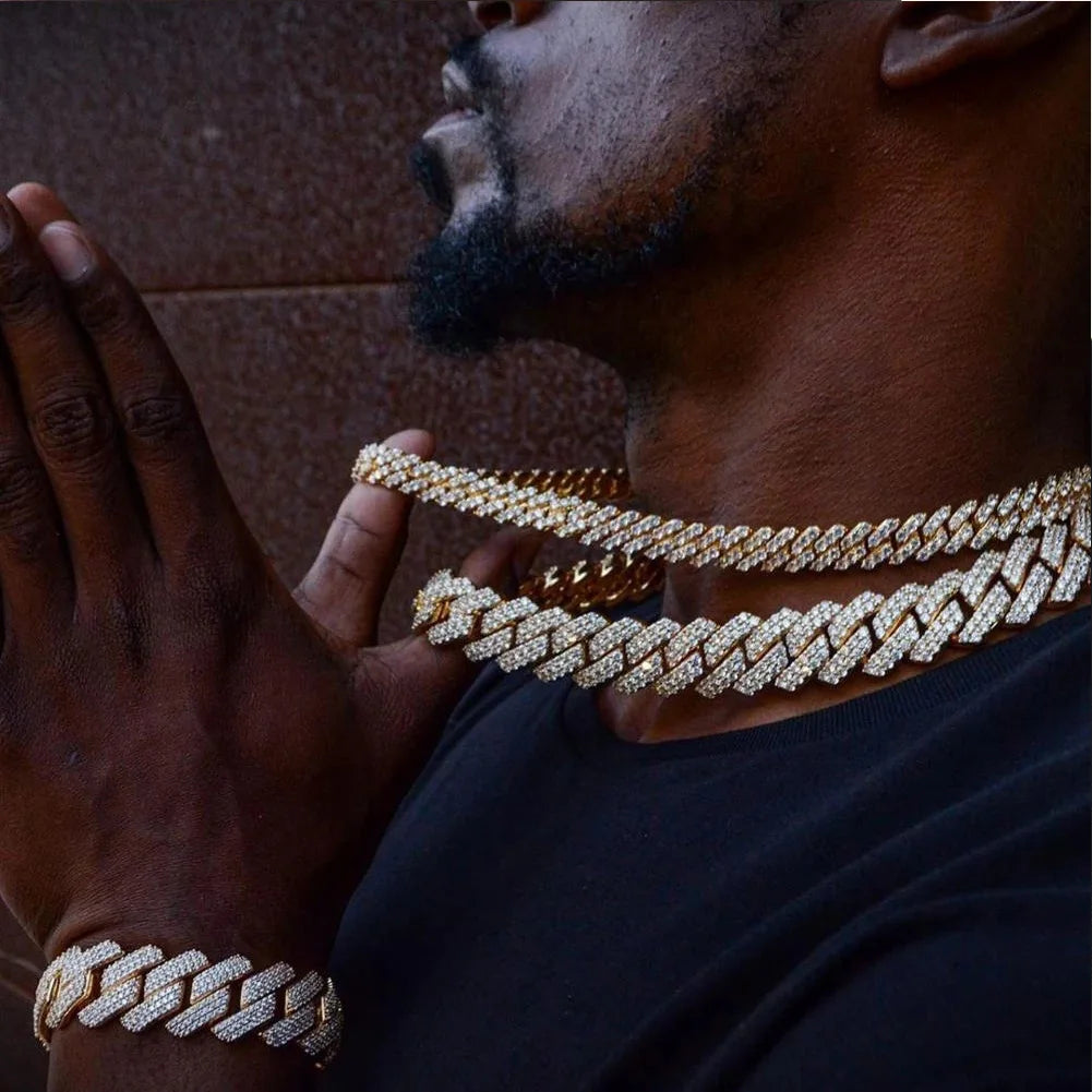14mm Iced Out  Prong Cuban Link Chain Necklace for Men Women 2 Row Rhinestone Paved Miami Rhombus Hip Hop Jewelry Wholesale