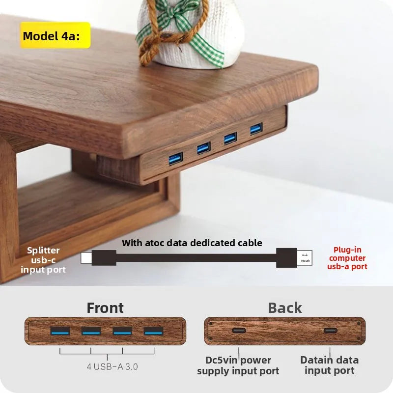 Black Walnut Wood USB Hub Under Desk Organizer Premium Desktop Riser Accessory with 3.0 Ports Multi-Device Charging Station