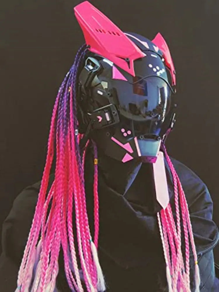 Cyberpunk Mask Futuristic Techwear, Halloween Cosplay Helmet Decor with Light and Dirty Braid, Japanese Warrior Style Knight Sty