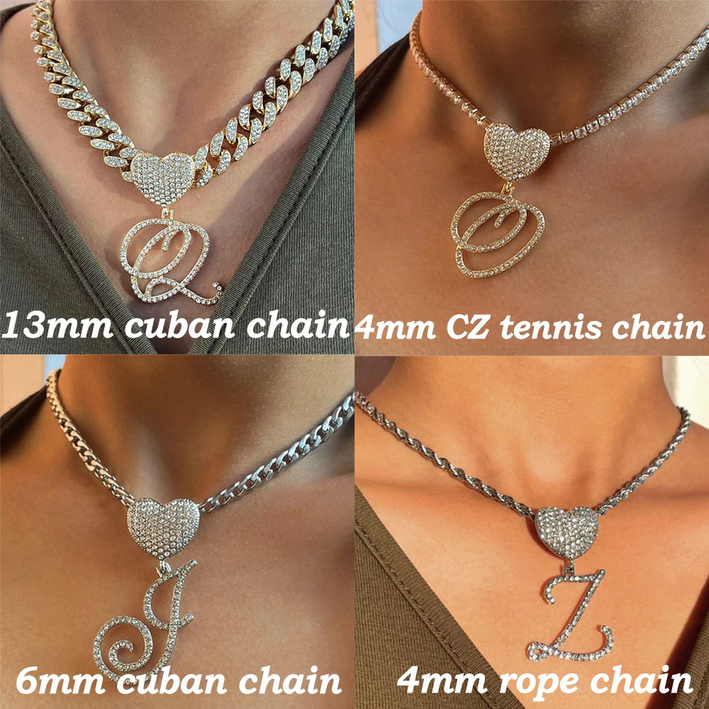 A-Z Cursive Letter Heart Pendant Iced Out Cuban Necklace for Women