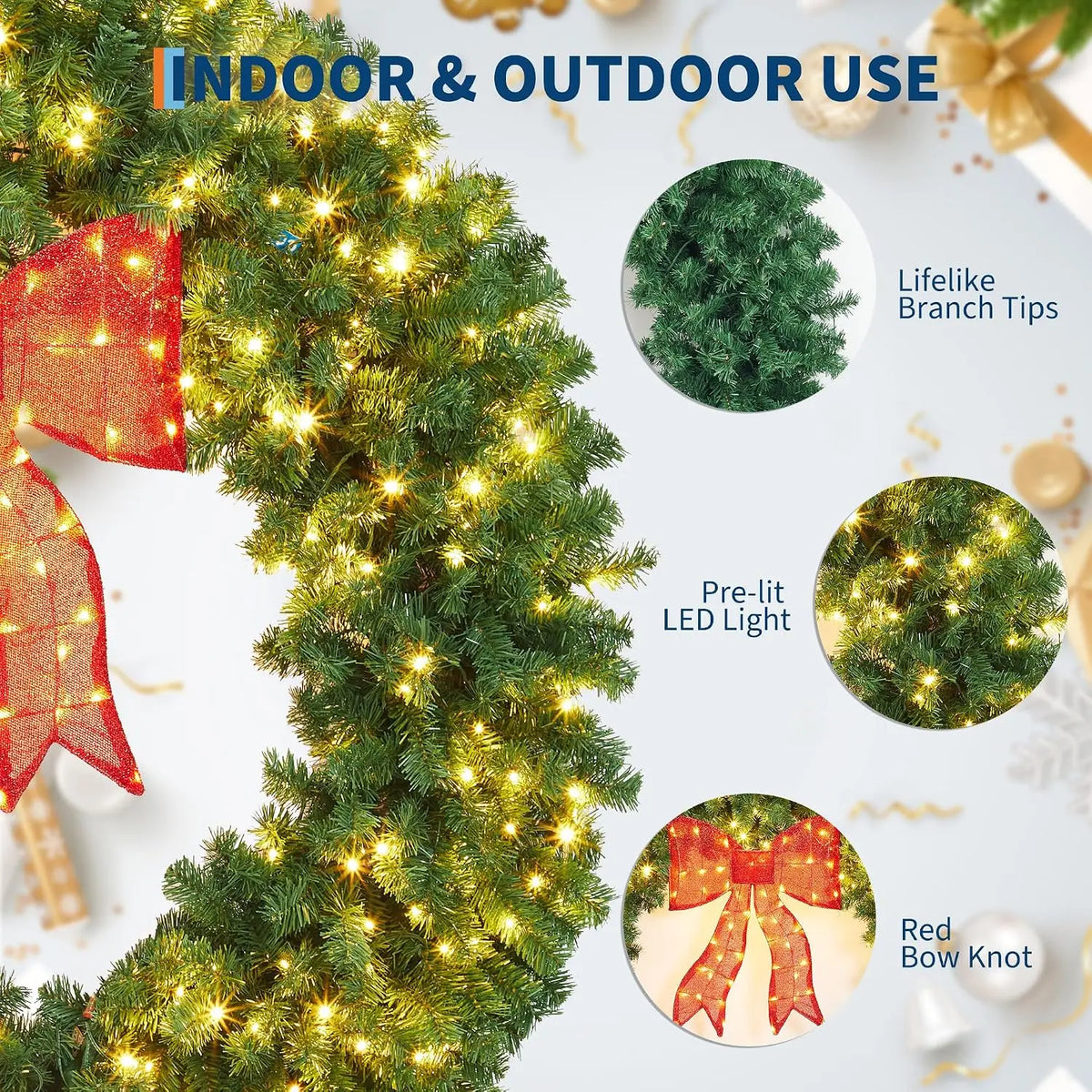 Garvee 48 Inch Christmas Hanging Wreath with Red Bow