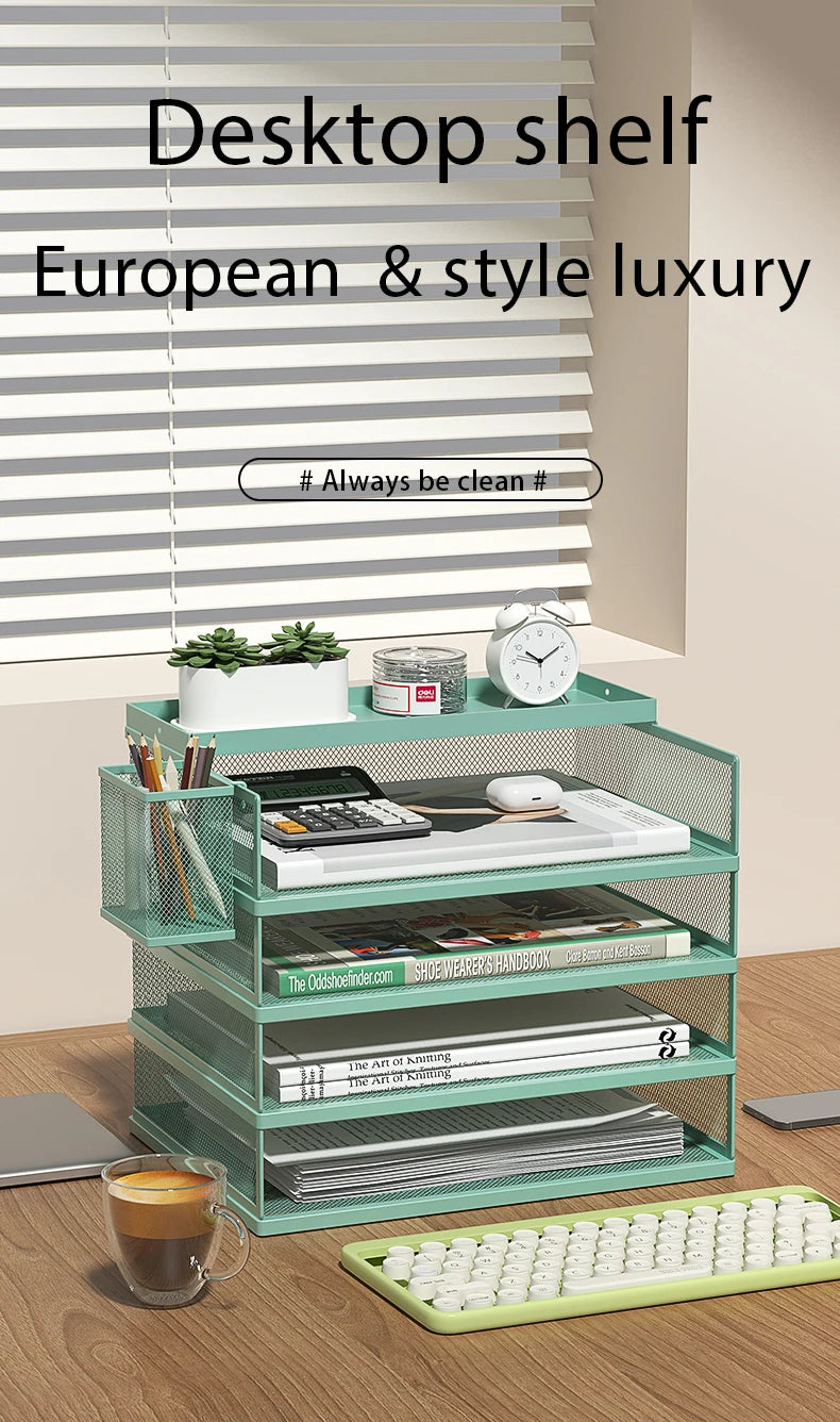 4-Tier Green Stackable Letter Tray Office Desk Organizer File Trays, Desktop Holder for Paper Letter Accessories with Pen Holder