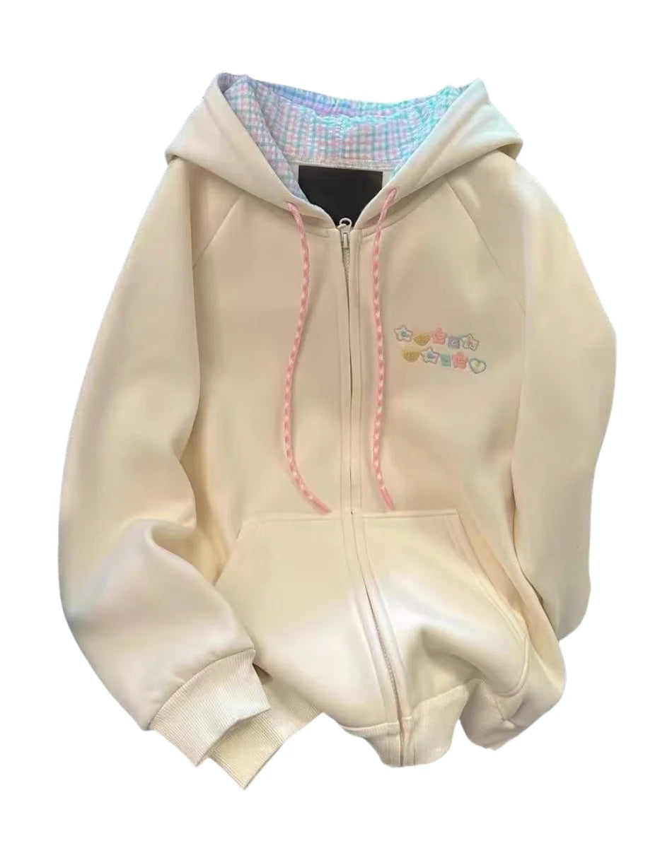 Sweet Cute Sweatshirt Jacket Loose Versatile Girly Style Kawaii Striped Zip Hood Autumn and Winter Embroidery Coat