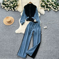 Pant Set Women Two Piece Sets Denim Stand Collar Matching Sets Casual Loose Tops Wide Leg Long Pants Lace Up Y2k Streetwear