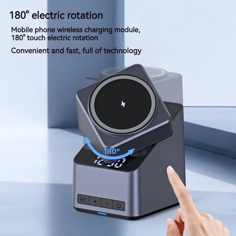 15W Electric Rotating Magnetic Wireless Charger Time Display Charging Station for iPhone 16 15 14 13 12 11 Watch AirPods Pro