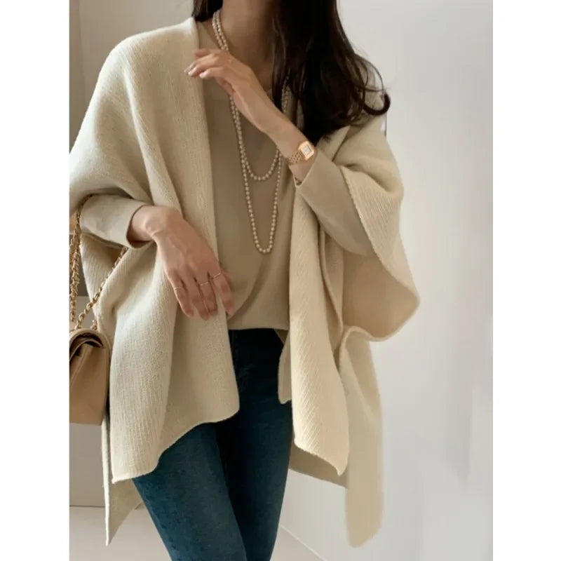 Korean Style Knitted Shawl Jacket Women's Casual Warm Knitted Cardigan Cloak Elegant Solid Color Women's Knitted Cardigan