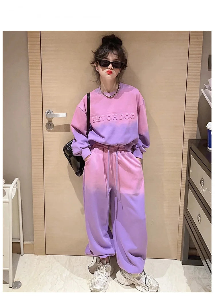 Girls Contrast Tie Dye Alphabet Sweatshirt+Drawstring Sweatpant Sets School Kids 2PCS Tracksuit Children Jogging Outfits 5-16 Yr