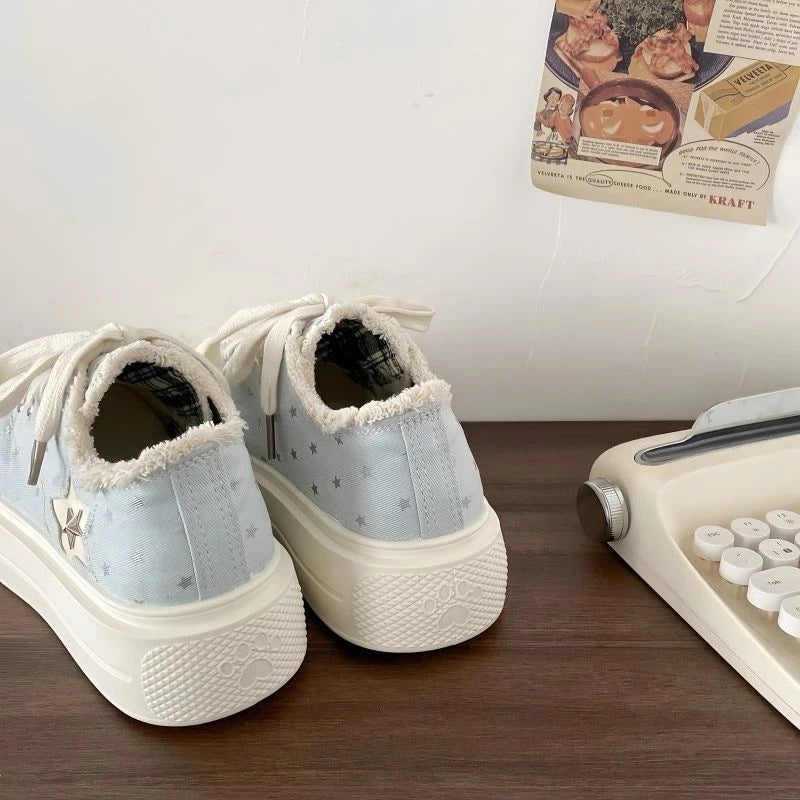 Star Patch Denim Platform Trainers Lolita Chunky Canvas Sneakers