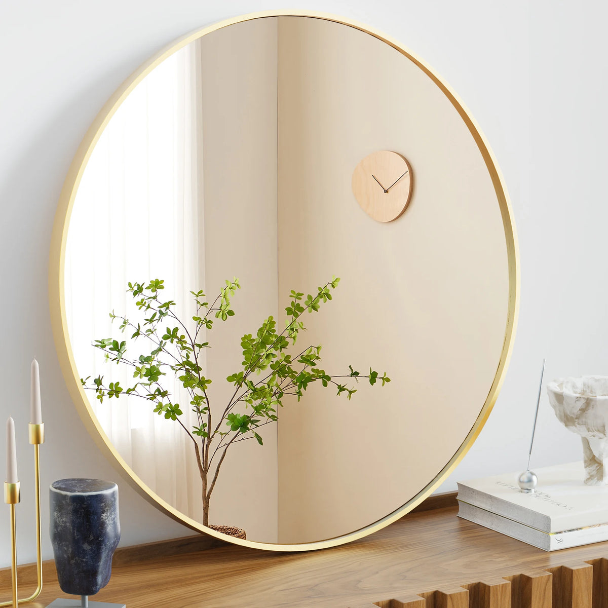 JHK Large Gold Round Vanity Framed Mirror for Wall Matte Metal