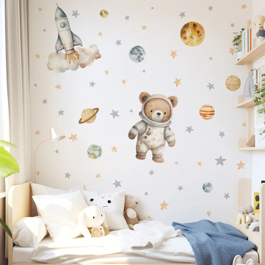Cute Bear Moon Star Wall Stickers for Kids Rooms Girls Boys Baby Room Decoration Kawaii Cartoon Animal Nursery Wallpaper Vinyl