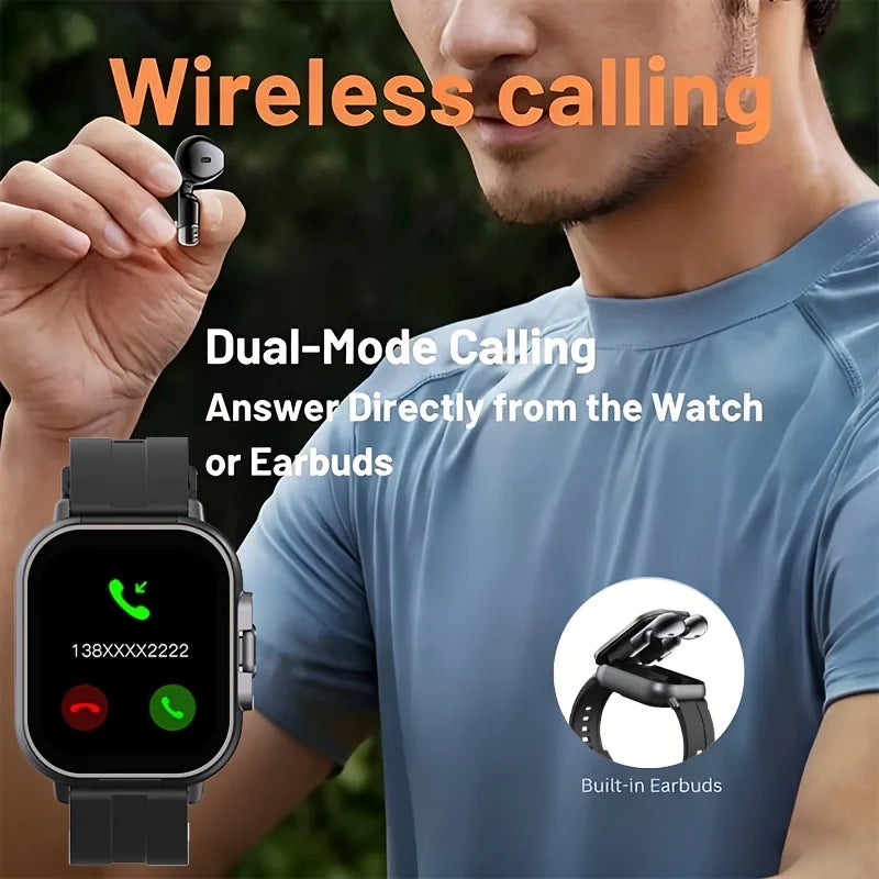 2-in-1 Smart Watch with Hidden Wireless Earbuds Compatible for