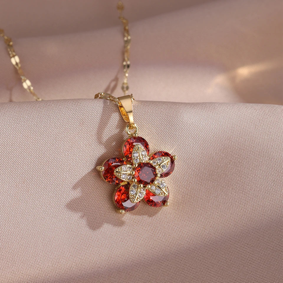 Light Luxury Spin Zircon Flower Pendant Necklace for Women Gold Color Quality High Sense Chain Necklaces Party Jewelry Gifts