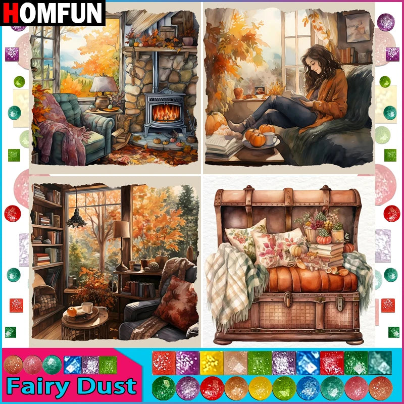 HOMFUN Fairy Dust 5D DIY Diamond Painting "Scenery Beauty House" Full Drill Resin Diamond Embroidery Cross Stitch Home Decor