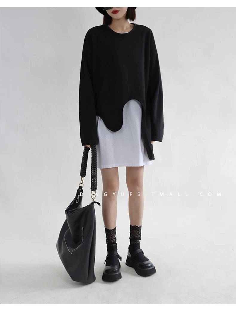 SuperAen Spring Summer 2023 New Sweatshirt Women's New Design Irregular Loose Long Sleeves Round Neck Layered Top