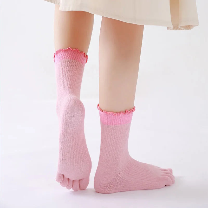 New Splicing Color Ruffle Edge Five Toe Socks For Women Sweet INS 5 Fingers Middle Tube Socks Soft Cotton Elastic Split Toe Sock
