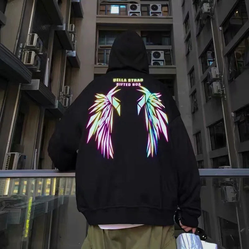 Reflective Male Hoodie Hip Hop Overfit New in No Brand Y2k Vintage Novelty and Simple 90s Tops Fleeced Men's Hooded Sweatshirt
