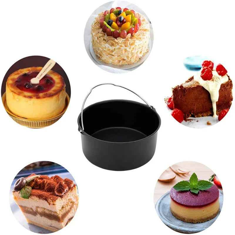 8-inch Round Hand-Held Nonstick Thickening Carbon Steel Air Fryer Cake Basket Baking Mold Barrel Household Baking Accessories