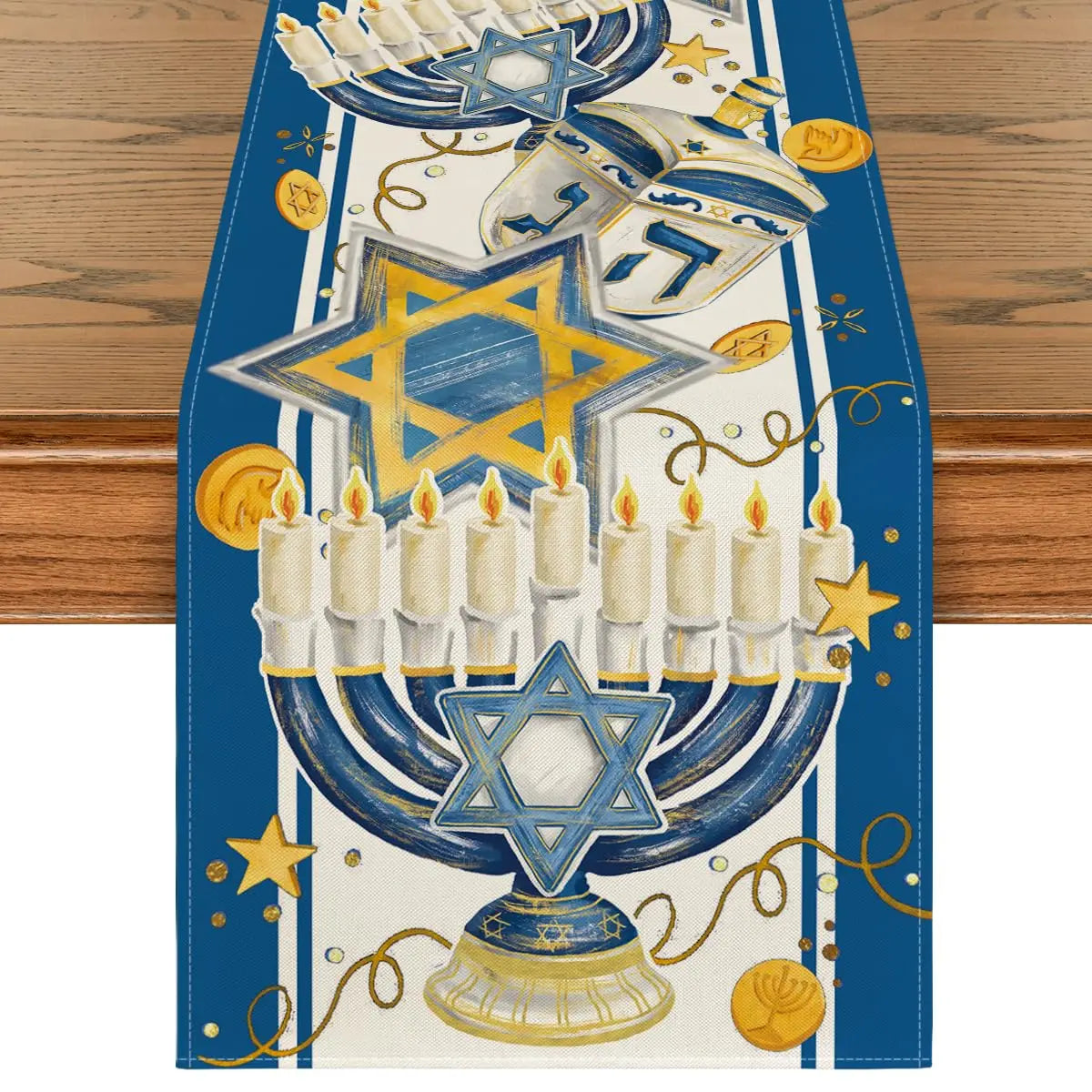 Menorah Hexagram Dreidel Hanukkah Table Runner, Chanukah Holiday Kitchen Dining Table Decoration for Home Party Decor