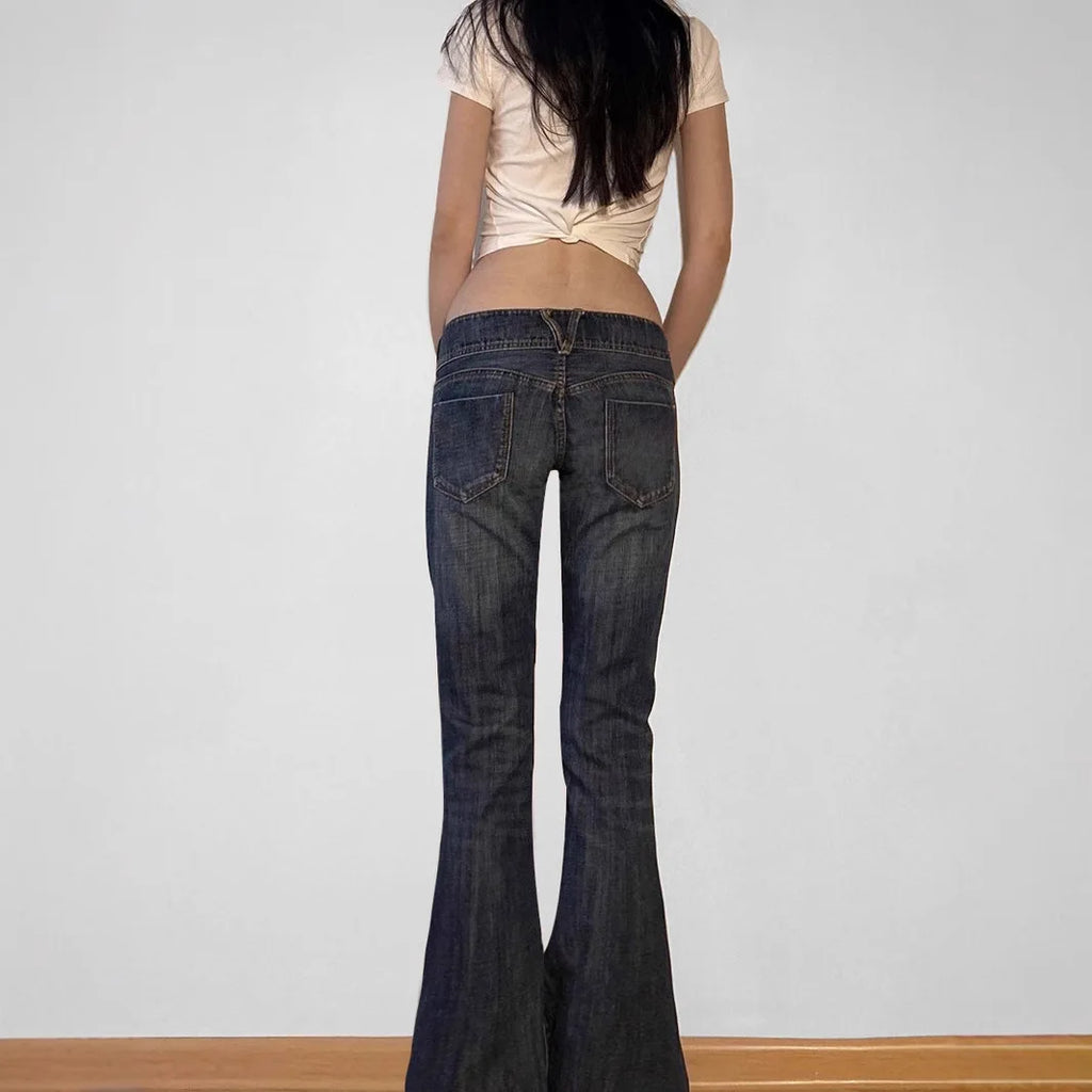 Vintage Y2K Flared Jeans Retro Button-Up Low Rise Casual Denim