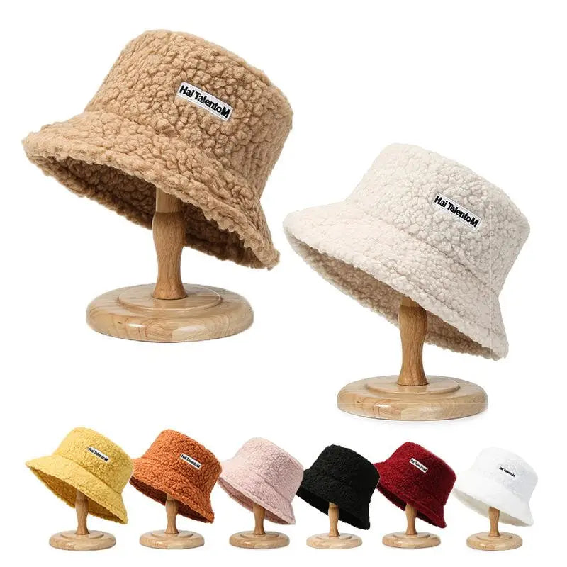 Korean Fisherman Hat Pure Color Warm Embroidered Letter Beanie Plush Light Weight Cap Unisex Casual Bucket Hat