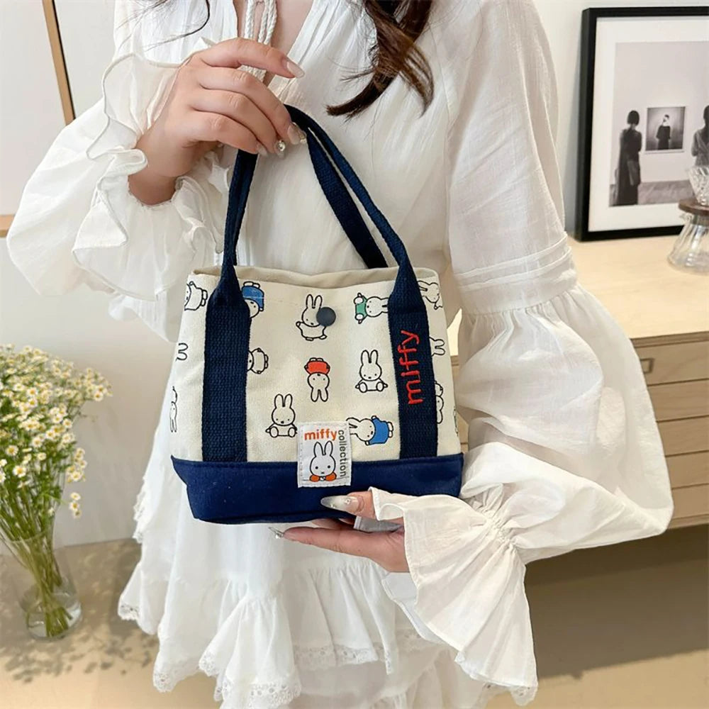 Kawaii Miffy Cute Handbag Cartoon Rabbit Canvas Embroidery Fashion Bento Multifunctional Storage Bag Girl Gift