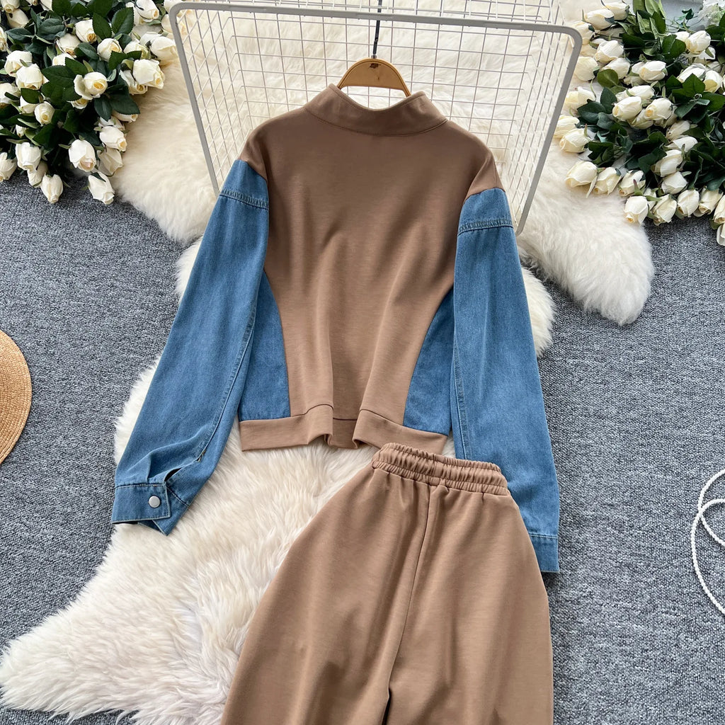 Pant Set Women Two Piece Sets Denim Stand Collar Matching Sets Casual Loose Tops Wide Leg Long Pants Lace Up Y2k Streetwear