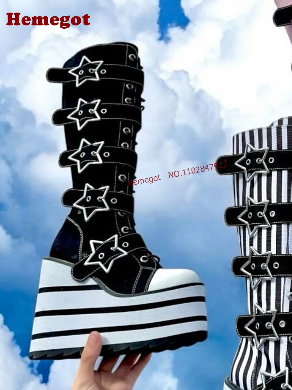 Black White Vertical Stripe Knee High Platform Boots Star Buckle