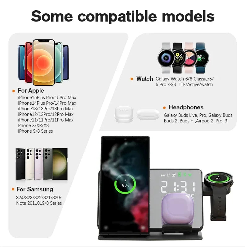 3 in 1 Wireless Charger For Apple Samsung Galaxy Watch 6 5 Pro S24 S23 S22 Fast Charging Station Alarm Clock Phone Charger Stand