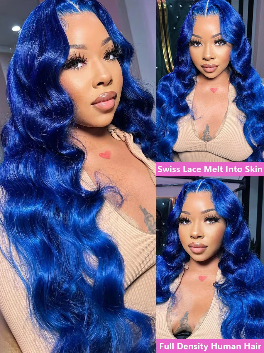 Navy Blue 13x6 Lace Front Body Wave Human Hair Wigs Brazilian Blue Colored HD Transparent Lace Front Wigs For Women Pre Plucked