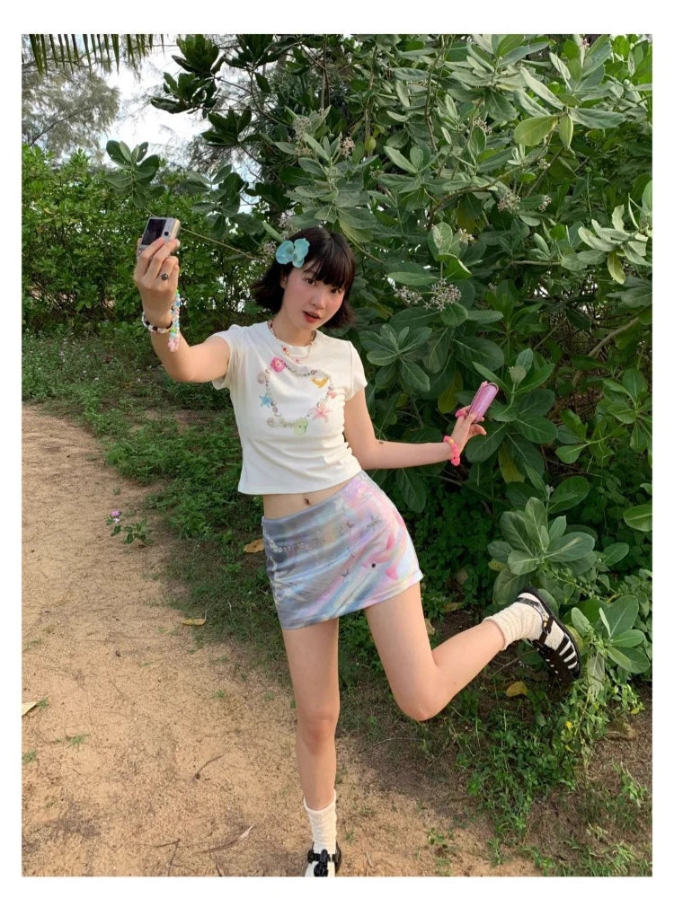 Topenomi Harajuku Printed Mini Skirt Women Japanese Y2K Aesthetic