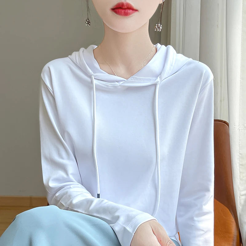 Spring Summer 100% Mercerized Cotton Hoodie Women Loose Straight Tops Simple Casual sweatshirt For Minimalist 2025