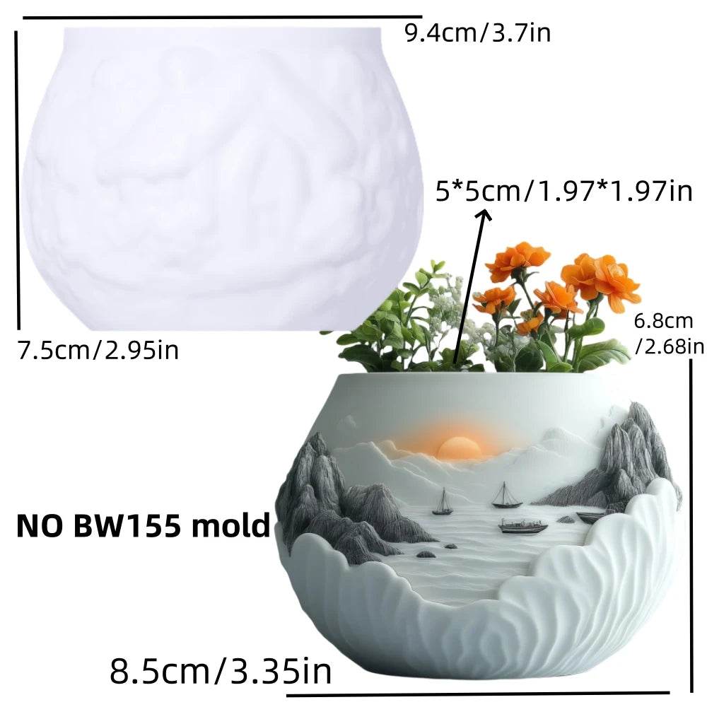 Sea Bay Canyon Relief Succulent Plant Flower Pot Resin Silicone Mold Mountain Range Sea Sunrise Relief Storage Box Gypsum Molds