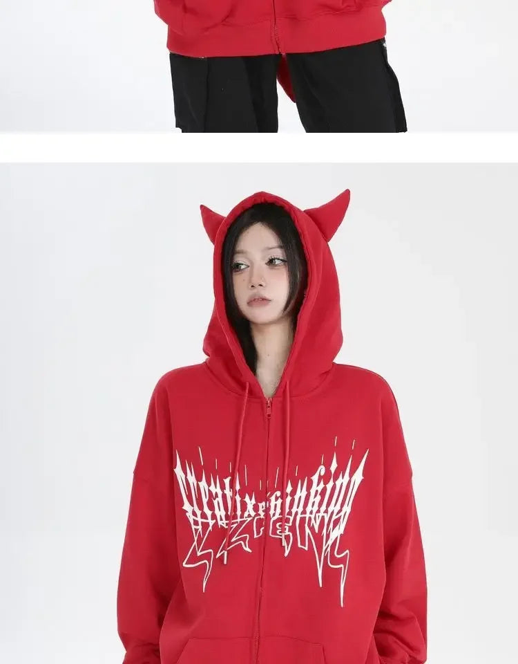 Japanese Zip Up Devil Horns Hoodies Women Harajuku Punk Gothic Sweatshirt Fairy Grunge Jacket Coat Streetwear Alt Emo Clothes