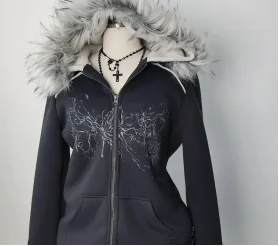 Y2K zipped hoodie aesthetic hip-hop streetwear fashion loose zipper plush jacket solid color top punk rock gothic sweatshirt