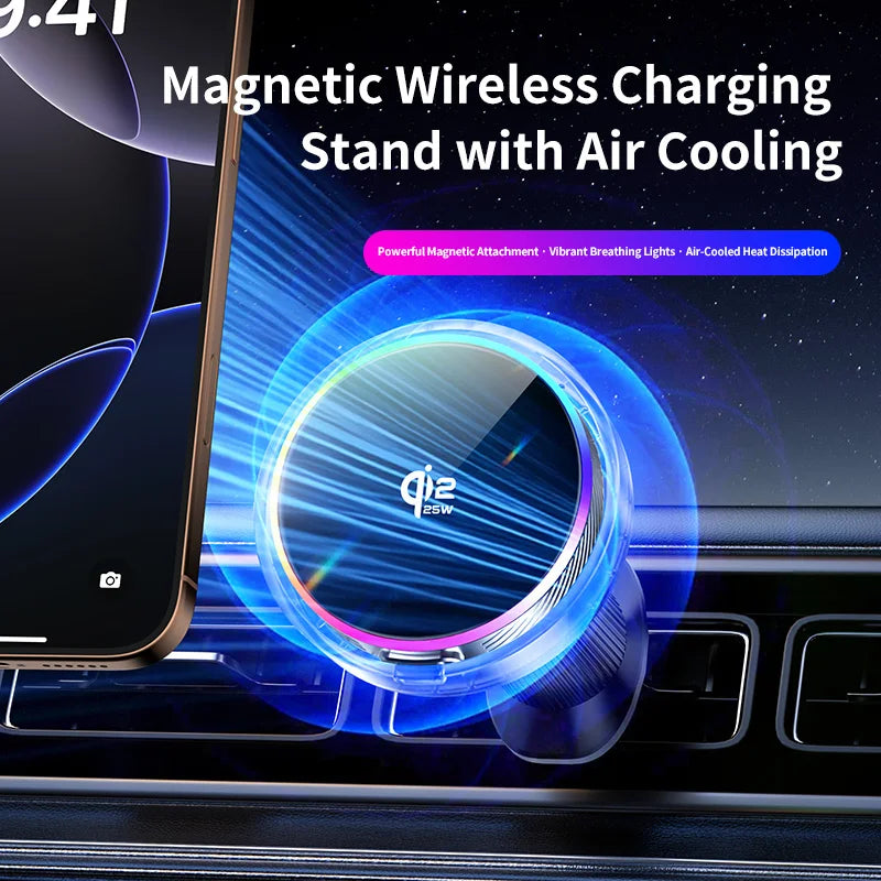 Air Cooling Car qi2 25W Magnetic Wireless Charger RGB Light  Phone Holder For Magsafe iPhone 17 16 15 14 13 12 Fast Charging