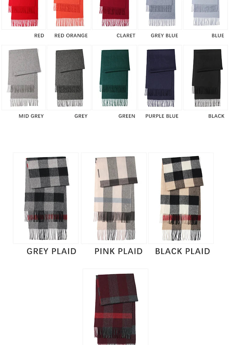 LONGMING 100% Merino Wool Knitted Shawl New Women Autumn Fashion Classic Plaid Solid Scarf Winter Warm Knottable Muffler for Man