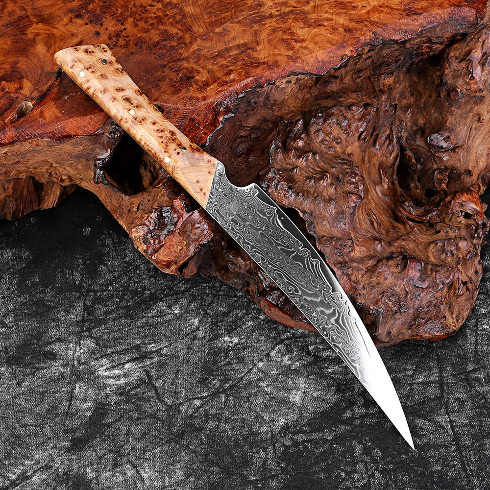 Damascus Steel Handmade Curved Edge Japanese Utility Knife,Full Tang Pakkawood Handle,High Hardness Sharp Kitchen Peeling Knife