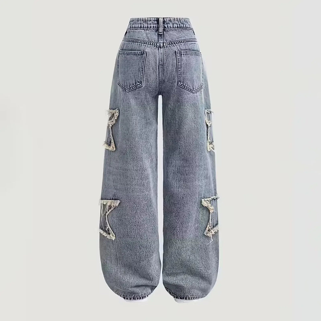 Fashion Teenager Girls Denim Pants Boys Star Raw Edge Patchwork