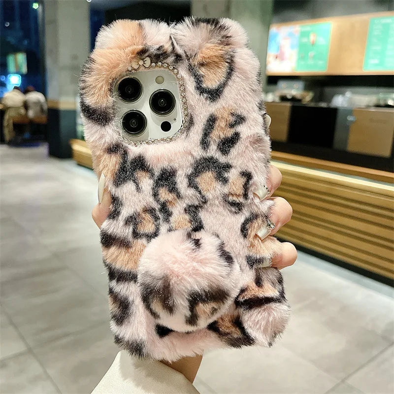 Cute Cartoon Leopard Print Bunny Fur Plush Phone Case For iPhone 17 Air 16 13 12 11 Pro Max XS XR X 7 8 Plus Shockproof Cover