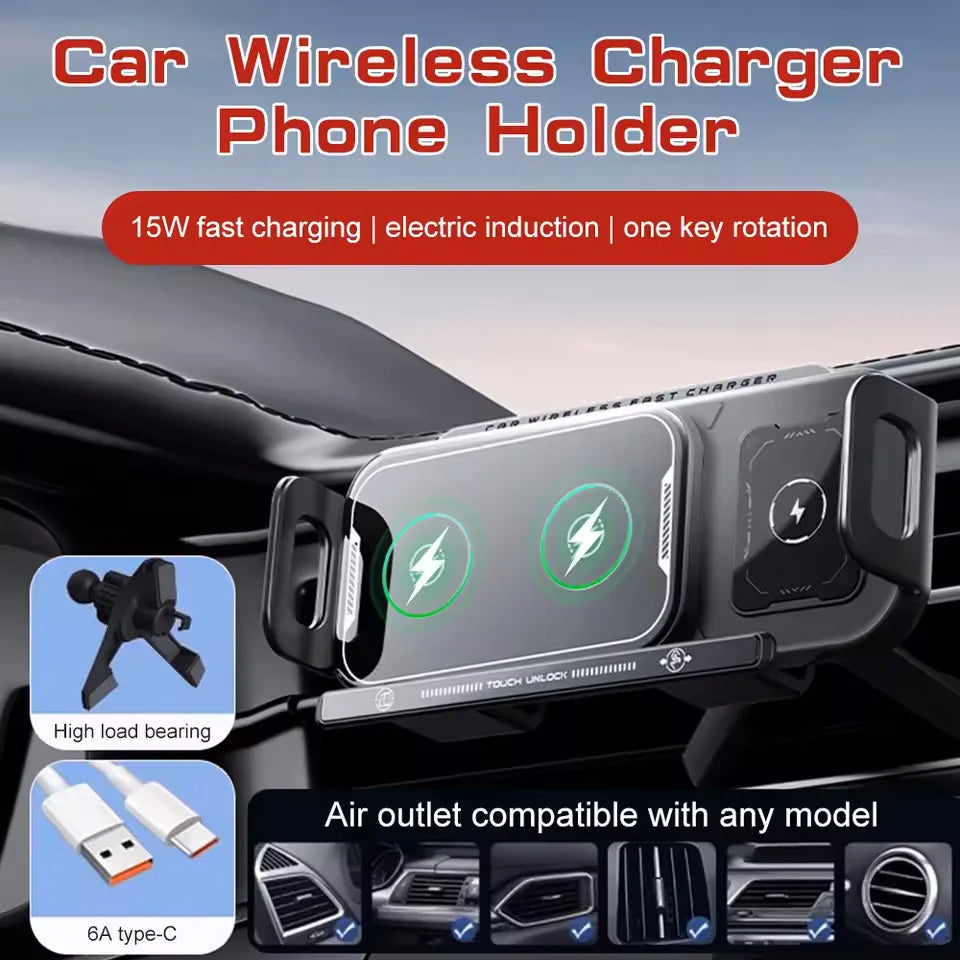 Dual Coil Foldable Phone Holder 2 in 1 Car Wireless Charger Phone Holder 15W Fast Charger Universal One Key Rotating Phone Stand