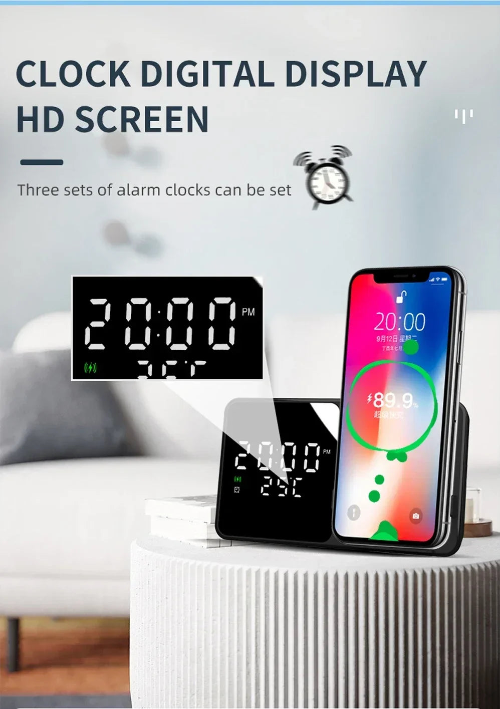 Wireless Charger Pad Stand with Alarm Clock Thermometer for iPhone 14 13 12 11 X Xiaomi Samsung 15W Phone Fast Charging Station