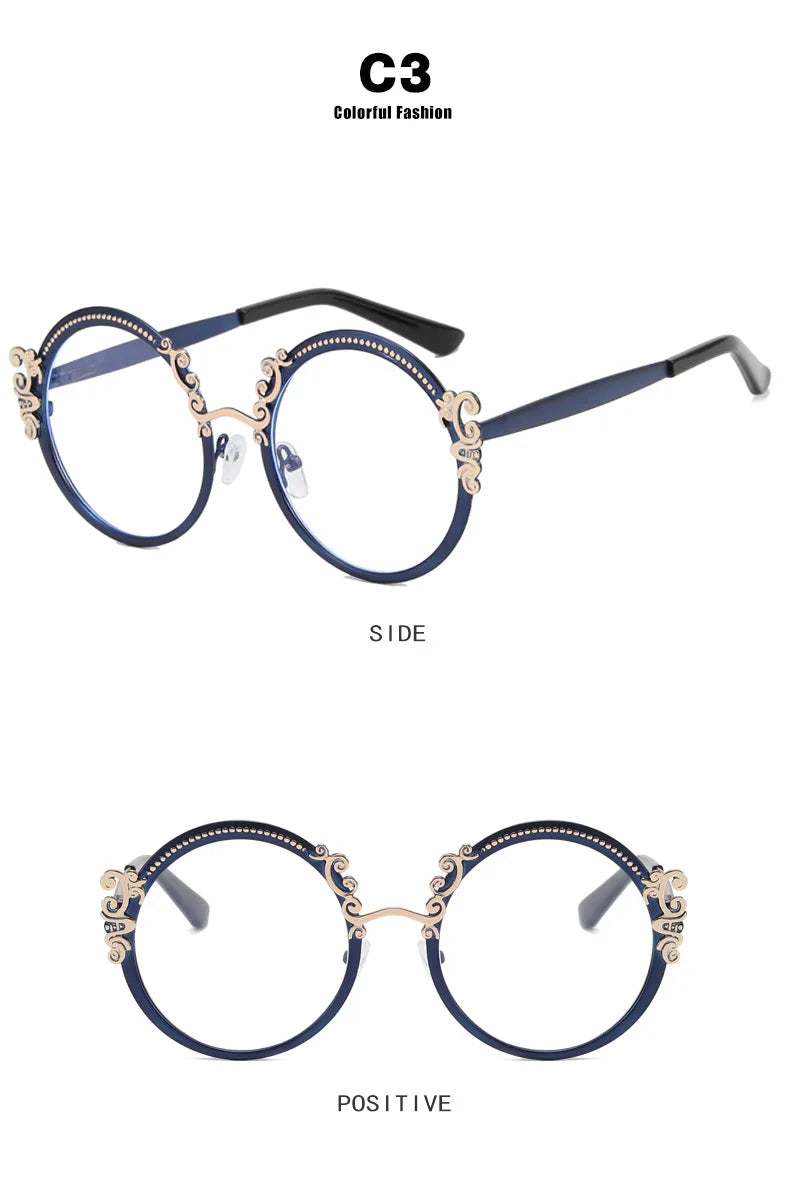 Gold Clear Carving Round Reading Glasses Women Unique Vintage Prescription Eyeglasses Metal Frame Blue Light Blocking Glasses