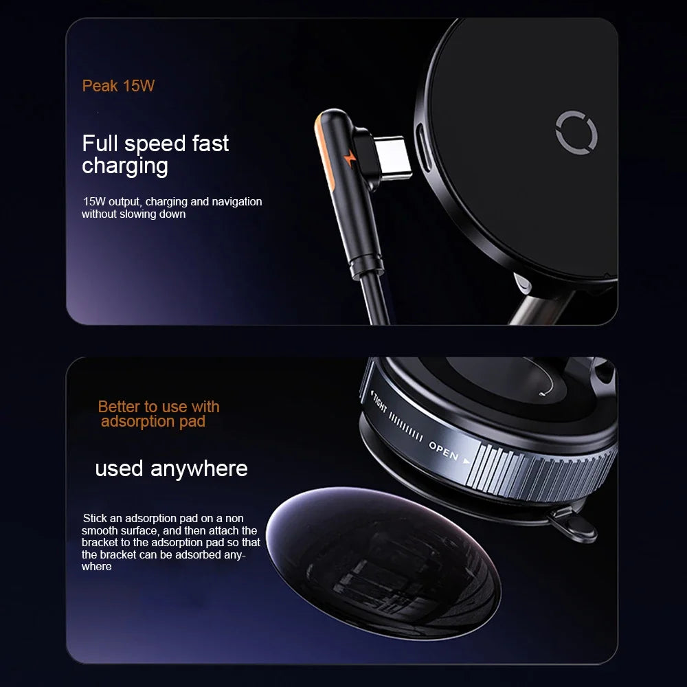 New Magnetic 15W Wireless Charger Car Phone Holder 360 Degree Rotation Foldable Suction Cup Navigation Phone Holder Bracket