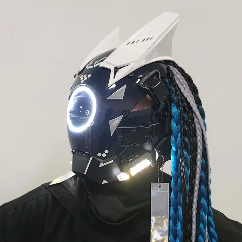 Cyberpunk Mask Futuristic Techwear, Halloween Cosplay Helmet Decor with Light and Dirty Braid, Japanese Warrior Style Knight Sty